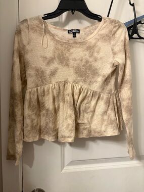 Freshman Beige Brown Tie-Dye Peplum Long Sleeve Crop Top